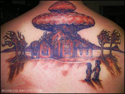 Brown Ink Optical Illusion Tattoo On Back